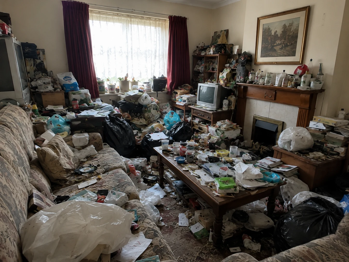 Cluttered room before hoarder clearance and cleaning