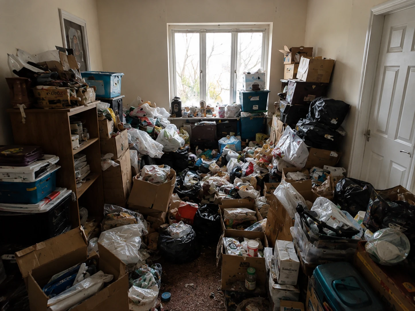 Cluttered room before hoarder clearance and cleaning